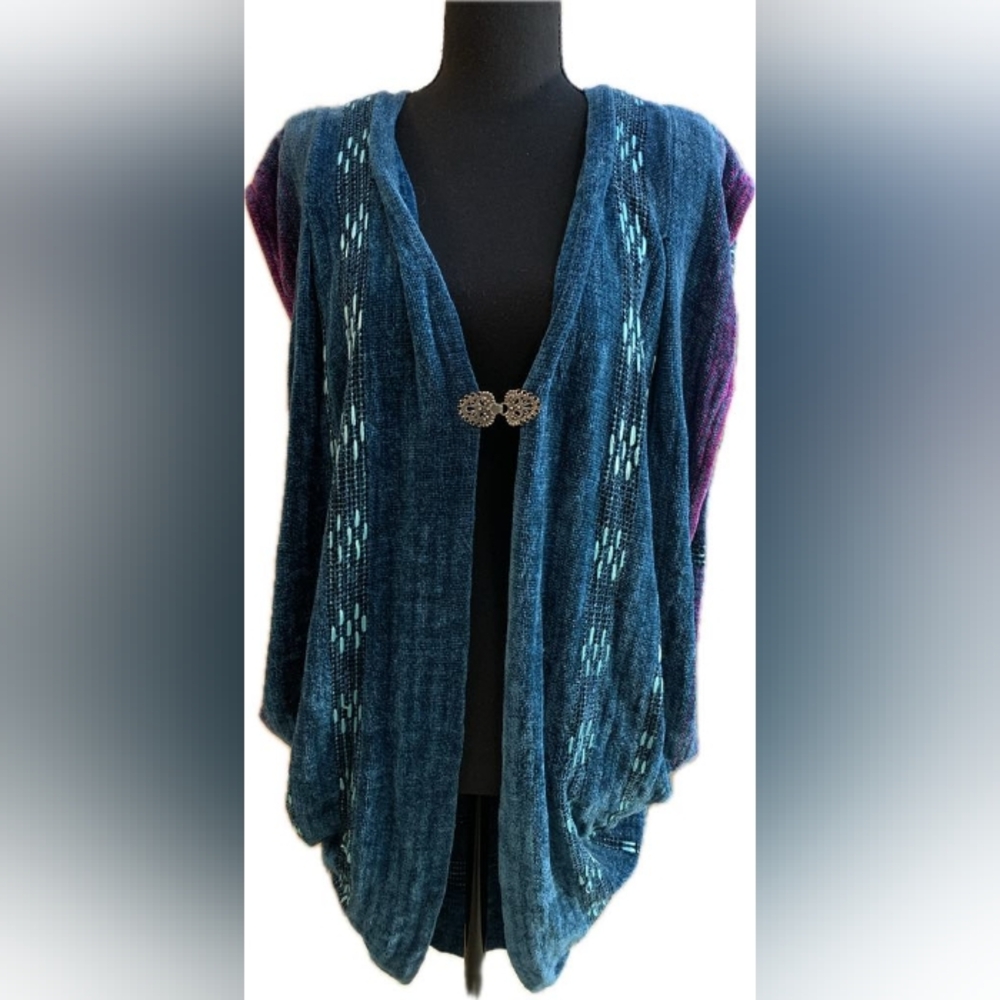 Cynthia Krause One Size Fits All Bohemian Blue Purple Textile Art Cardigan Vest